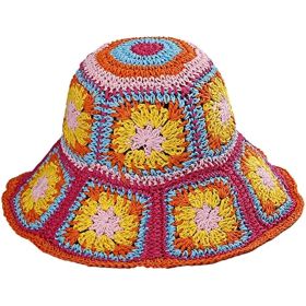 Women's Straw Sun Hat Floral Woven Bucket Hat Fishing Hat Beach Hat Hand Woven Foldable Cap (Color: Bucket Lightorange)