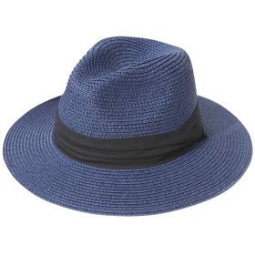 Women Men Wide Brim Straw Panama Roll up Hat Fedora Beach Sun Hat UPF50+ (Color: Blue)