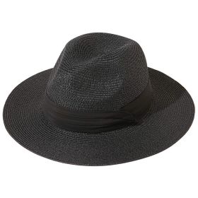 Women Men Wide Brim Straw Panama Roll up Hat Fedora Beach Sun Hat UPF50+ (Color: Black)