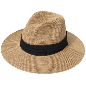 Women Men Wide Brim Straw Panama Roll up Hat Fedora Beach Sun Hat UPF50+ (Color: Khaki)