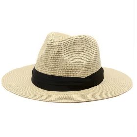 Women Men Wide Brim Straw Panama Roll up Hat Fedora Beach Sun Hat UPF50+ (Color: Beige)