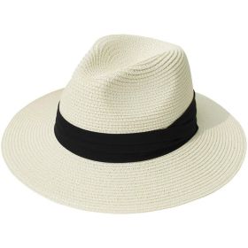 Women Men Wide Brim Straw Panama Roll up Hat Fedora Beach Sun Hat UPF50+ (Color: cream)