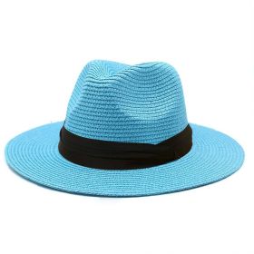 Women Men Wide Brim Straw Panama Roll up Hat Fedora Beach Sun Hat UPF50+ (Color: Sky Blue)