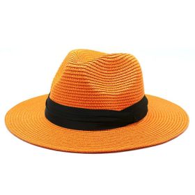 Women Men Wide Brim Straw Panama Roll up Hat Fedora Beach Sun Hat UPF50+ (Color: Orange)