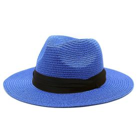 Women Men Wide Brim Straw Panama Roll up Hat Fedora Beach Sun Hat UPF50+ (Color: blue2)