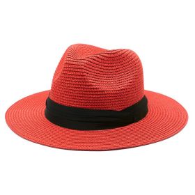 Women Men Wide Brim Straw Panama Roll up Hat Fedora Beach Sun Hat UPF50+ (Color: Red)