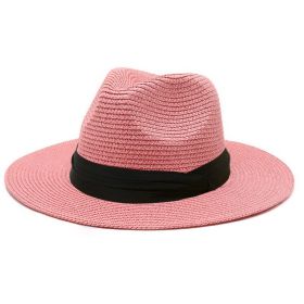 Women Men Wide Brim Straw Panama Roll up Hat Fedora Beach Sun Hat UPF50+ (Color: Pink)