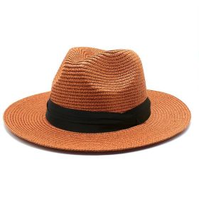 Women Men Wide Brim Straw Panama Roll up Hat Fedora Beach Sun Hat UPF50+ (Color: Brown)