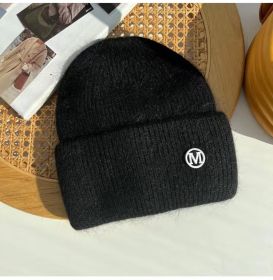 2022 Winter Knitted Hat Ladies Rabbit Fur Beanies Women Outdoor Shopping Warm Winter Hat Fashion Letter M Solid Color Hat Soft (Color: Black M)