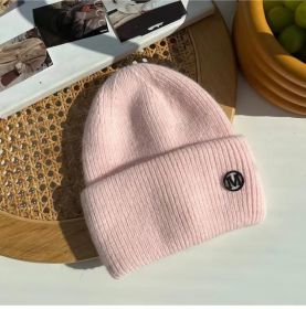 2022 Winter Knitted Hat Ladies Rabbit Fur Beanies Women Outdoor Shopping Warm Winter Hat Fashion Letter M Solid Color Hat Soft (Color: Pink M)