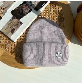 2022 Winter Knitted Hat Ladies Rabbit Fur Beanies Women Outdoor Shopping Warm Winter Hat Fashion Letter M Solid Color Hat Soft (Color: Light purple M)