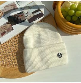 2022 Winter Knitted Hat Ladies Rabbit Fur Beanies Women Outdoor Shopping Warm Winter Hat Fashion Letter M Solid Color Hat Soft (Color: White M)