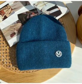 2022 Winter Knitted Hat Ladies Rabbit Fur Beanies Women Outdoor Shopping Warm Winter Hat Fashion Letter M Solid Color Hat Soft (Color: Peacock Blue M)