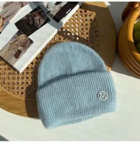 2022 Winter Knitted Hat Ladies Rabbit Fur Beanies Women Outdoor Shopping Warm Winter Hat Fashion Letter M Solid Color Hat Soft (Color: Light Blue M)