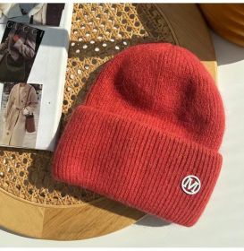 2022 Winter Knitted Hat Ladies Rabbit Fur Beanies Women Outdoor Shopping Warm Winter Hat Fashion Letter M Solid Color Hat Soft (Color: Red M)