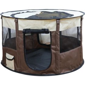 Portable Pet Soft Playpen;  Pop up Tent Indoor & Outdoor Use Durable Paw Kennel Cage;  Waterproof Bottom Removable Top Puppy Pen (Color: Brown)