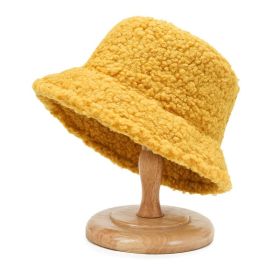 2021 Women's Harajuku Bucket Hat Solid Color Women Men Fishing Fisherman Hats Autumn Winter Lamb Wool Outdoor Warm Panama Cap (Color: Yellow, Ships From: China)