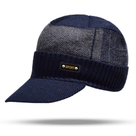 Men Winter Knitted Hat Outdoor Cycling Ear Protection Warmth Peaked Cap Casual Fashion Sunhat Bomber Hats 56-61CM (Color: Velvet navy)